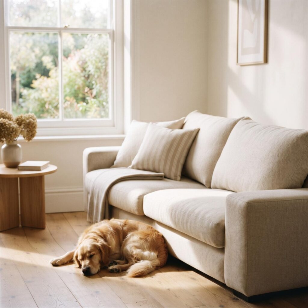 A golden retriever asleep on the floor beside a cream sofa