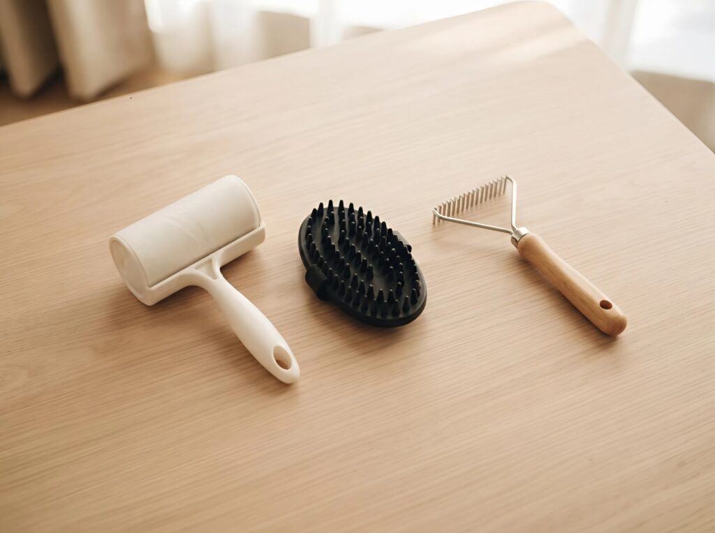 A lint roller, rubber grooming brush and metal rake on a wooden table
