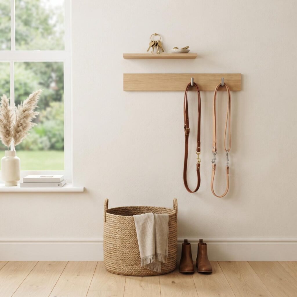 An oak wall rail with two leather leashes hanging and a small shelf above