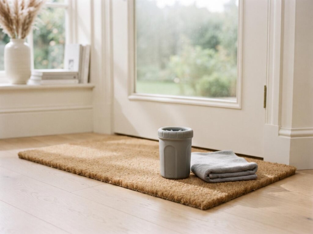 A silicone paw cleaner cup and a folded microfibre towel resting on a doormat