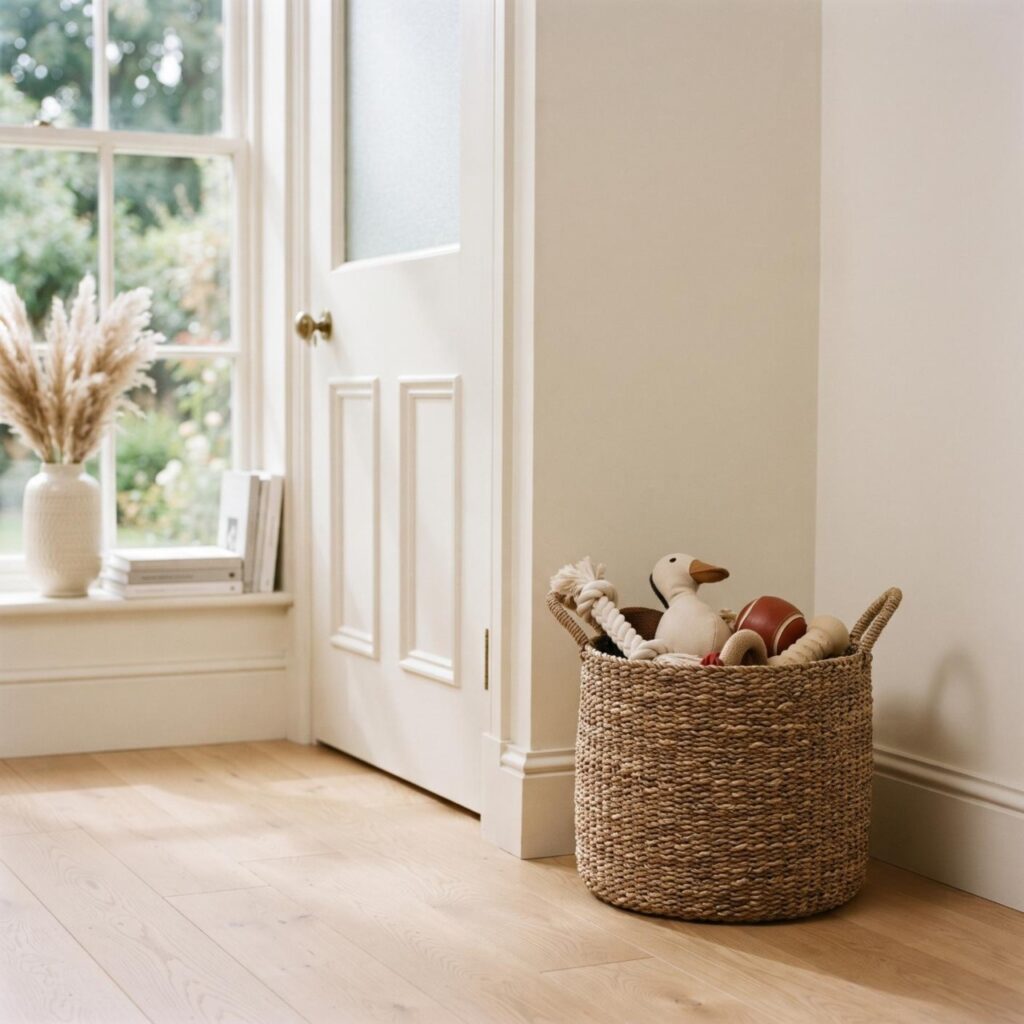 A woven seagrass basket filled with dog toys beside a white panelled front door