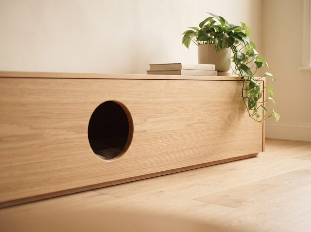 A wooden side table cabinet with a small round cat entrance cut into one side