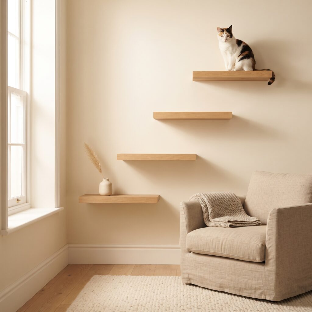 Floating oak wall shelves arranged as a staircase with a grey cat on the highest shelf