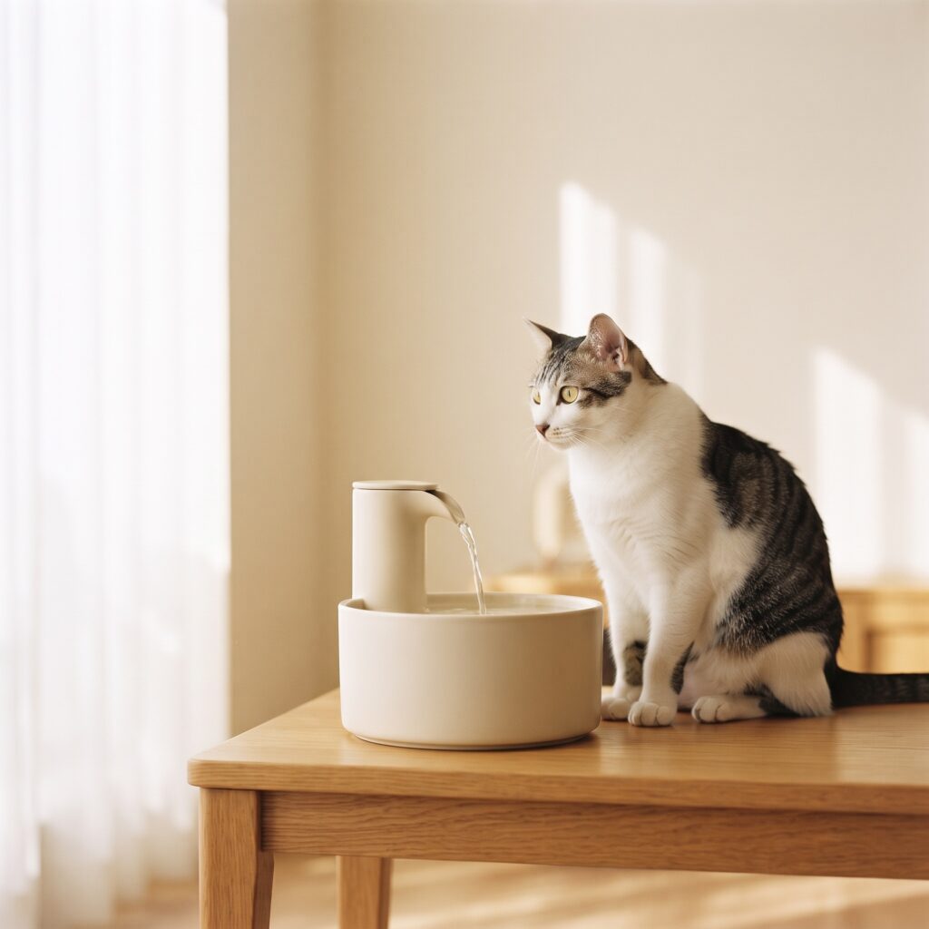A matte cream ceramic pet water fountain on an oak table with a tabby and white cat sitting beside it
