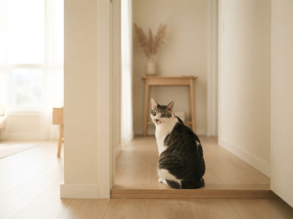 A cat sitting in a doorway in morning light, the moment before you check the box
