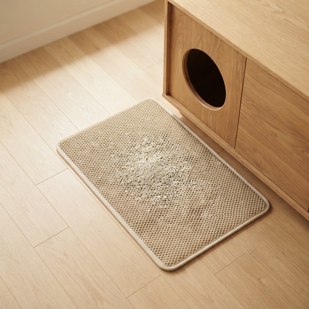 A two-layer litter mat trapping granules in the pocket beneath its top surface